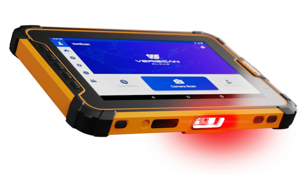 IDWare Falcon handheld or countertop ID scanner performing a laser ID scan with a red light